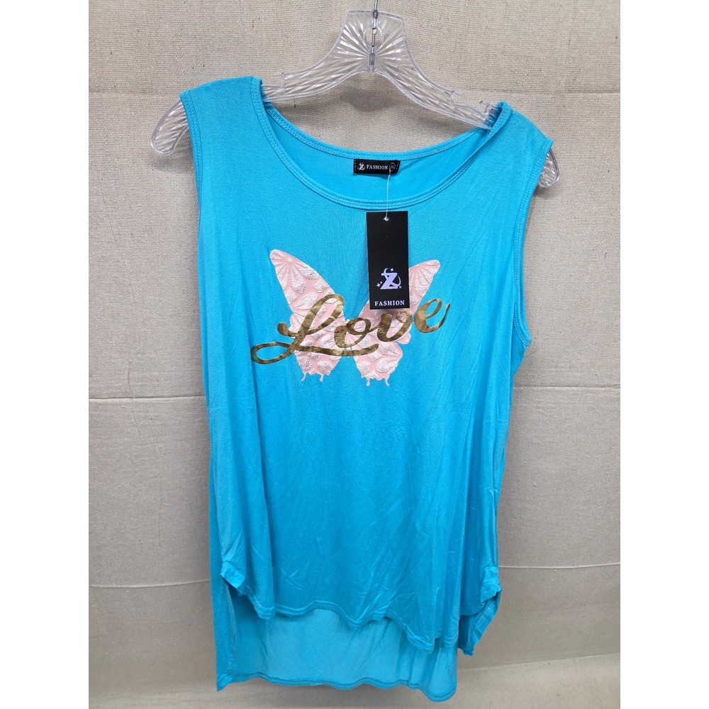 Z Fashion Turquoise High Low‎ Butterfly Love Tank Top XL New